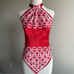 Bebe Red and White Patterned Reversible Handkerchief Halter Top